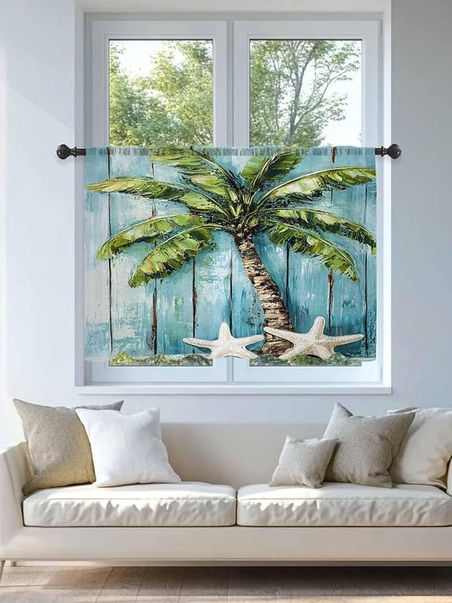 Sheer Curtains 54 Inch Length, Coastal Beach Starfish Semi Sheer Curtains Light Filtering Window Treatment, Blue Green Tropical Palm Tree Wood Grain Privacy Voile Drapes for Living Room 52x54 Inch