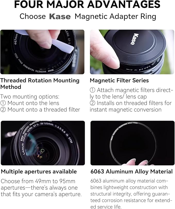 Kase 95mm Magnetic Adapter Ring, Aviation Aluminum 0.5s Snap-On Frame for CPL/ND/UV Filters, No Light Leak & Vignette, Ultra-Thin Stackable for DSLR Mirrorless Wide-Angle Vlog