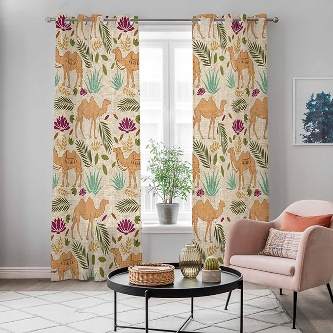 2 Panel Kitchen Cafe Curtains, Desert Camels Sunlight Filtering Nature Air Through, Home Decor Window Covering Tier Curtains for Living Room 104W x 96L inch Vintage Sand Animals Aloe Vera Leaves Beige