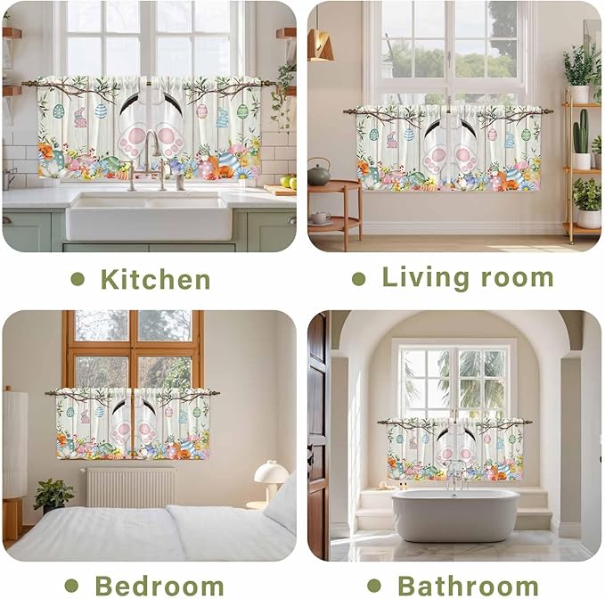 Easter Kitchen Tier Curtains 36 Inch Long 2 Panel Set,Rod Pocket Half Window Curtains Over Sink,Spring Farmhouse Watercolor Bunny Eggs Wood Grain Light Filtering Short Drapes Cafe 27.5"W x 36"L