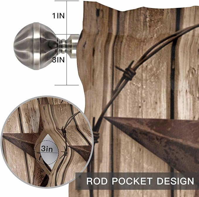 Vintage Texas Star Valances for Windows, Brown Wood Grain Wire Kitchen Valance Light Filtering Rod Pocket Short Curtains for Kitchen Bathroom, 1 Panel, 60"x14"