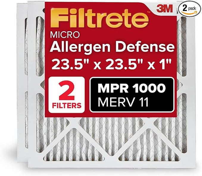 Filtrete 23.5x23.5x1 AC Furnace Air Filter, MERV 11, MPR 1000, Micro Allergen Defense, 3-Month Pleated 1-Inch Electrostatic Air Cleaning Filter, 2 Pack (Actual Size 23.188x23.188x0.81 in)