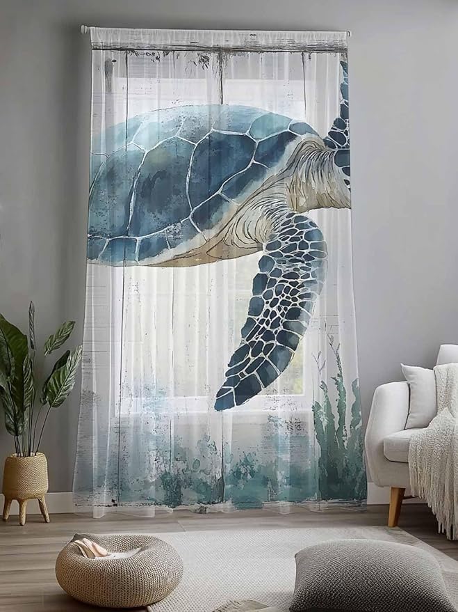 Sheer Curtains 108 Inches Long, Sea Turtle Teal Blue Semi Sheer Curtains Light Filtering Window Treatment, Summer Coastal Ocean Wood Grain Privacy Voile Drapes for Living Room Bedroom 52x108 Inch