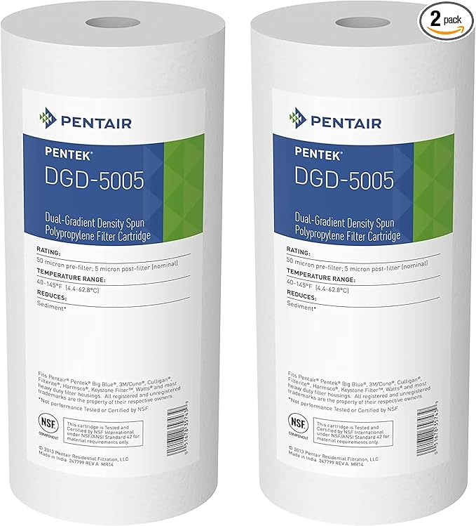 Pentair Pentek DGD-5005 Big Blue Water Filter, 10-Inch Whole House Sediment Filter Cartridge Replacement, Dual-Gradient Density Spun Polypropylene, 10" x 4.5", 5 Micron, Pack of 2