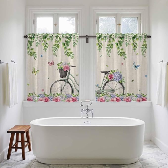 Farmhouse Spring Kitchen Curtains, Retro Bicycles Flowers Vines Butterfly Light Filtering Window Curtain Panels, 2Pcs Rod Pocket Window Treatments Set for Cabin Bathroom Bedroom 52x45 Inches