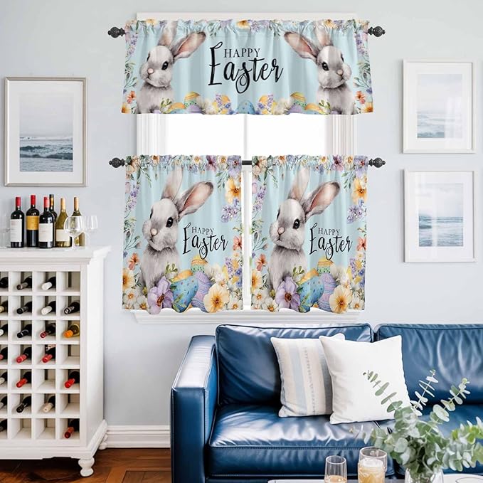 Happy Easter Kitchen Curtains Set 3 Piece for Windows,Rod Pocket Valance and Tier Set 36 Inch Length,Spring Grey Bunny Colorful Eggs Flower Blue Light Filtering Cafe Curtains for Living Room