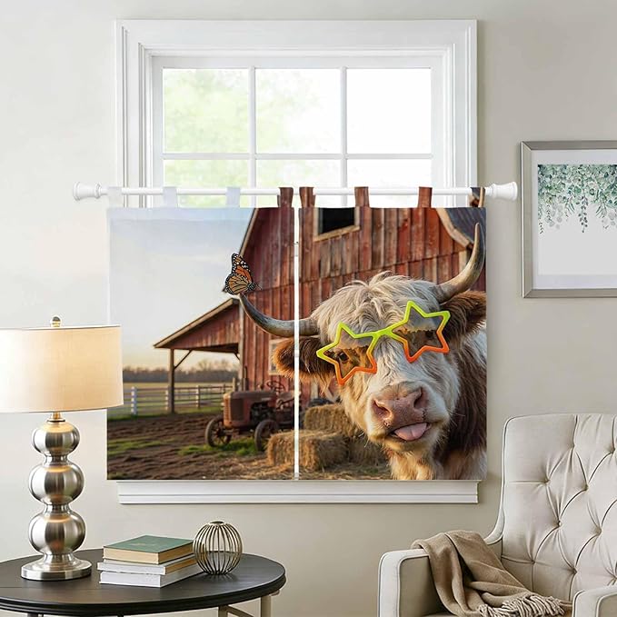 Farm Yaks Kitchen Curtains 45 Inch Length, Short Cafe Window Curtains Tab Top, Farmhouse Barn Funny Animals Butterfly Light Filtering Window Treatments Tier Drapes 27.5"x45" 2 Panel