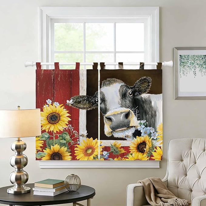 Cows Sunflowers Kitchen Curtains 45 Inch Length, Short Cafe Window Curtains Tab Top, Rustic Farms Barns Flowers Bees Animals Light Filtering Window Treatments Tier Drapes 27.5"x45" 2 Panel