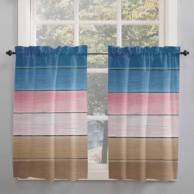 Blue Pink Brown Gradient Wood Grain Window Valance Curtains, Vintage Wood Board Light Filtering Kitchen Valance with 3-inch Rod Pocket for Living Room Bathroom Bedroom,2 Panel,42x45In