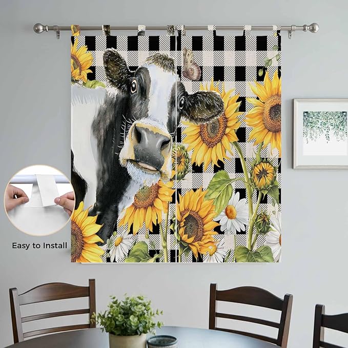Retro Sunflowers Living Room Curtains 84 Inch Length, Window Curtains Tab Top, Farmhouse Floral Cow Butterfly Black Plaid Light Filtering Window Treatments Drapes 42"x84" 2 Panel