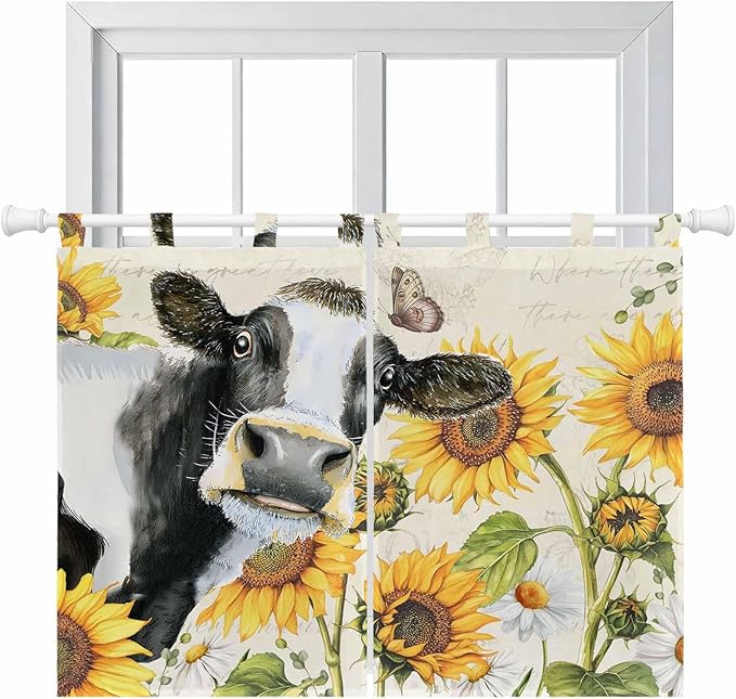 Yellow Sunflowers Bedroom Curtains 63 Inch Length, Window Curtains Tab Top, Country Cow Flower Butterfly Farmhouse Cream Light Filtering Window Treatments Drapes 42"x63" 2 Panel