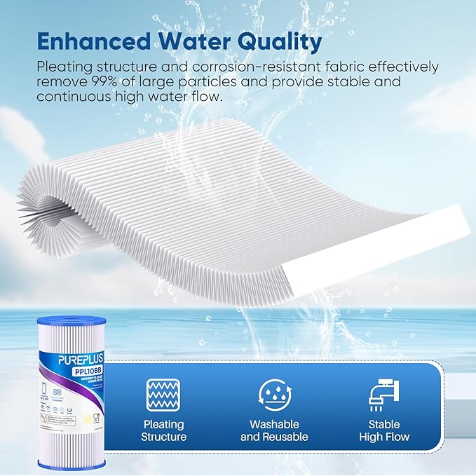 PUREPLUS 5 Micron 10" x 4.5" Whole House Pleated Sediment Filter for Well Water, Replacement Cartridge for GE FXHSC, Culligan R50-BBSA, Pentek R50-BB, DuPont WFHDC3001, W50PEHD, GXWH40L, 2Pack
