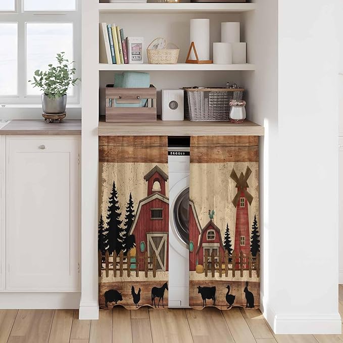 Brown Farmhouse Kitchen Curtains, Vintage Country Animals Wooden Grain Light Filtering Window Curtain Panels, 2Pcs Rod Pocket Window Treatments Set for Cabin Bathroom Bedroom 52x45 Inches