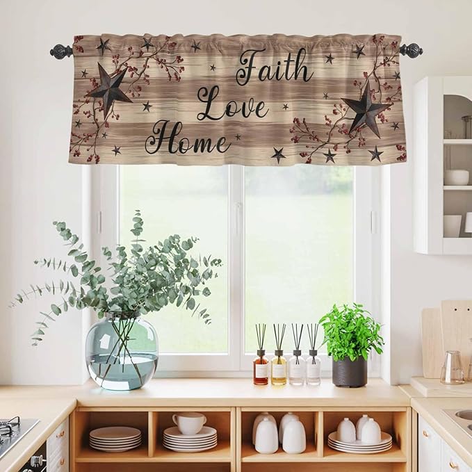 Kitchen Curtains Tiers and Valance Set of 3, Farmhouse Star Brown Light Filtering Window Curtain Set, Retro Branches Berry Wooden Grain Rod Pocket Curtain Drapes for Cafe, Living Room, 36 Inches Tiers