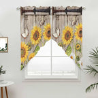 Farmhouse Sunflowers Swag Valances for Windows, Rustic Barn Doors Flowers Butterfly Wooden Rod Pocket Kitchen Curtains Valance, Small Window Curtains Swag for Cafe Living Room, 2 Panels, 28x36 inch