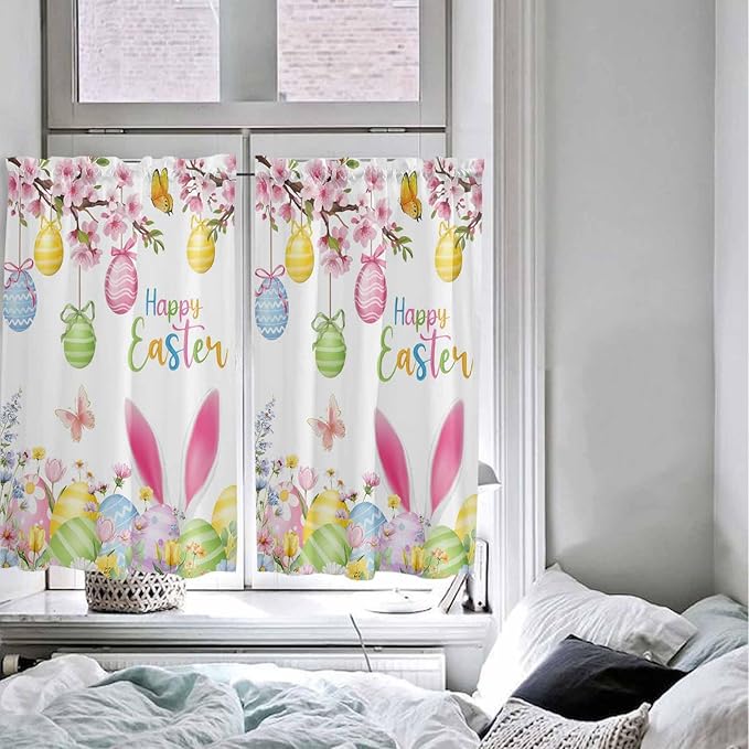 Happy Easter Tier Curtains 45 Inches Long, Spring Watercolor Bunny Eggs Flower Branch Window Treatment Curtain Drapes, Window Half Privacy Curtains for Bedroom Bathroom, 42"x45", 2 Panels