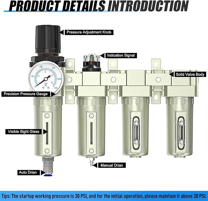 1/2" NPT Heavy Duty Industrial Grade 4 Stage Air Drying System,Auto Drain,Coalescing Filter,Particulate Filter,Double Desiccant Dryer and Air Regulator For Plasma Cutter and Paint Spray