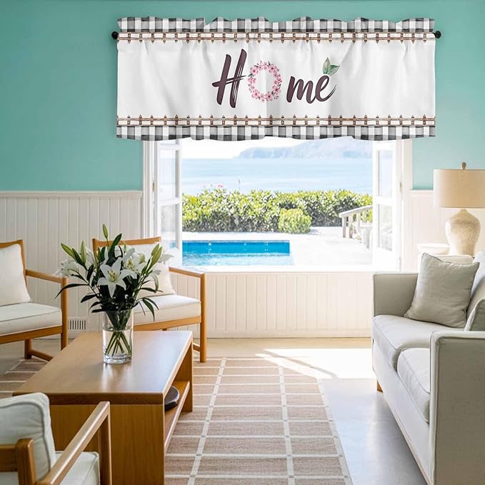 Spring Flowers Curtain Valances for Windows, Kitchen Valance Window Treatment, Watercolor Floral Leaf Black Plaid Light Filtering Block Curtains for Bathroom/Bedroom/Living Room 42'' x 18''