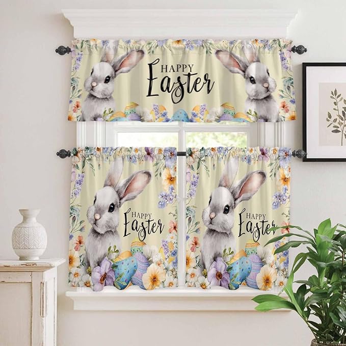 Happy Easter Kitchen Curtains Set 3 Piece for Windows,Rod Pocket Valance and Tier Set 24 Inch Length,Spring Grey Bunny Colorful Eggs Flower Brown Light Filtering Cafe Curtains for Living Room