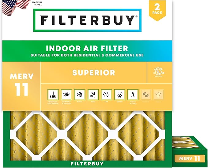Filterbuy 12x12x2 Air Filter MERV 11 Superior Pet & Allergy Defense (2-Pack), Electrostatic Pleated HVAC AC Furnace Filters Replacement, Made in USA (Actual Size: 11.50 x 11.50 x 1.75)