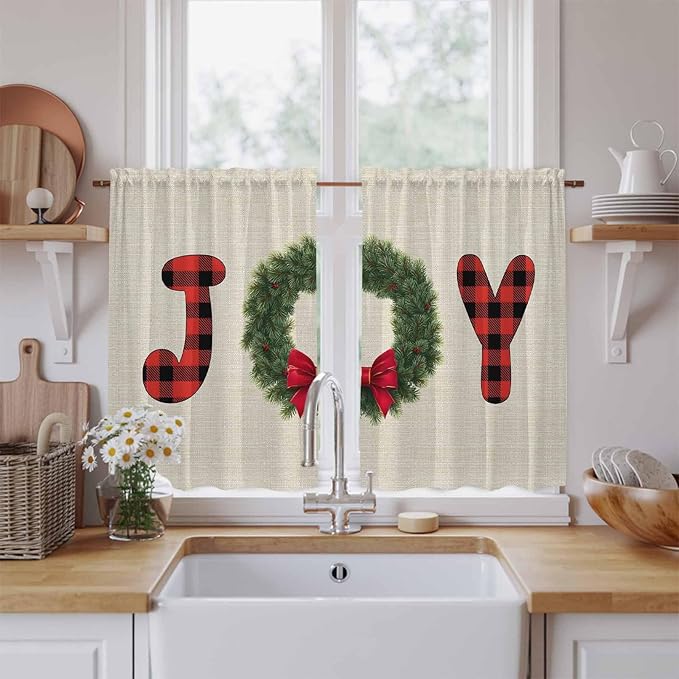 Red Green Christmas Kitchen Curtains 54 Inch Long 2 Panel Set, Rod Pocket Window Curtains Panels, Farmhouse Xmas Botanical Winter Light Filtering Drapery Draperies for Bathroom Bedroom 52"W x 54"L