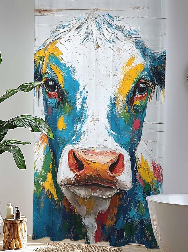 Sheer Curtains 108 Inches Long, Rustic Cow Semi Sheer Curtains Light Filtering Window Treatment, Vintage Colorful Animals Art Wooden Grain Privacy Voile Drapes for Living Room Bedroom 52x108 Inch