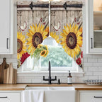 Sunflowers Swag Valances for Windows, Retro Flower Barn Doors Butterfly Farmhouse Brown Rod Pocket Kitchen Curtains Valance, Kitchen Window Curtains Swag for Cafe Living Room, 2 Panels, 36x45 inch