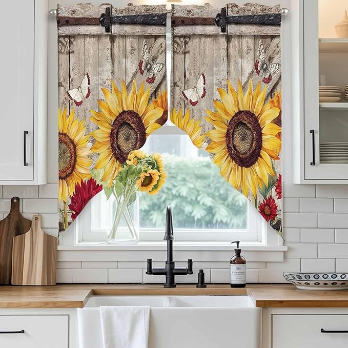 Sunflowers Swag Valances for Windows, Retro Flower Barn Doors Butterfly Farmhouse Brown Rod Pocket Kitchen Curtains Valance, Small Window Curtains Swag for Cafe Living Room, 2 Panels, 36x36 inch