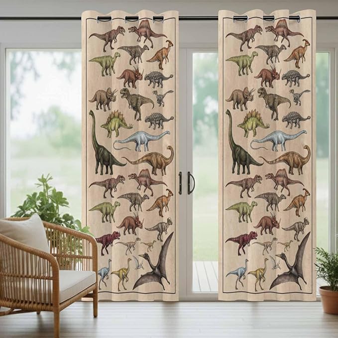 Vintage Outdoor Curtains for Patio Dinosaurs Biographies Retro Waterproof Outside Curtains with Grommet Top Weatherproof Curtain for Cabana Pergola Gazebo, 2 Pack, 54" W x 108" L