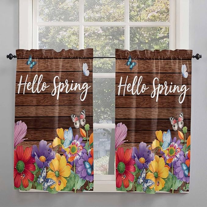 Spring Flowers Kitchen Curtains 54 Inches length, Watercolor Farmhouse Colorful Wooden Grain Window Treatment Curtain Drapes, Thermal Insulated Drapes for Basement Hotel RV, 42"x54", 2 Panels