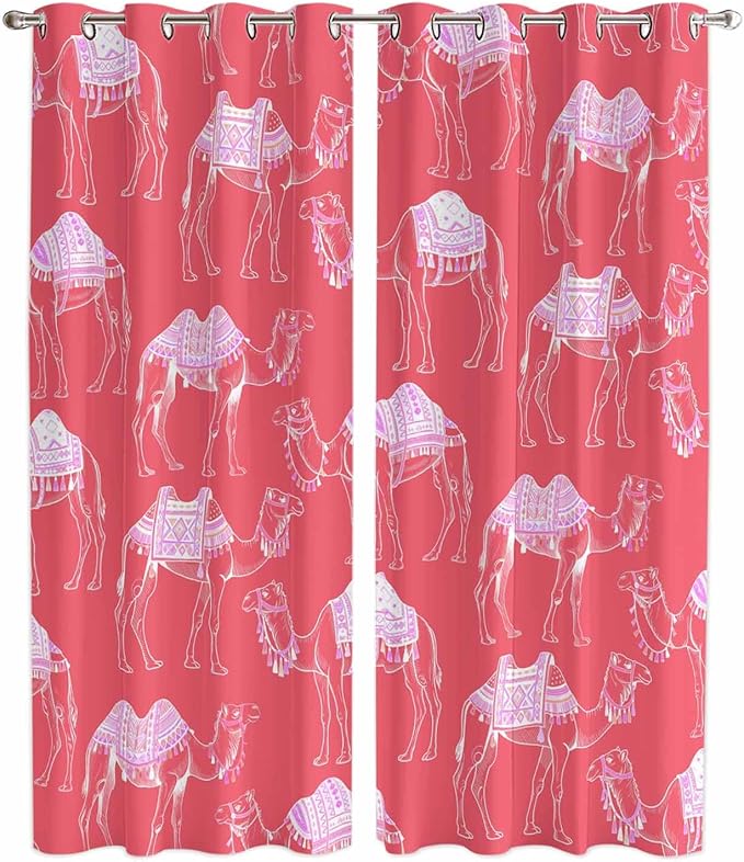 2 Panel Kitchen Cafe Curtains, Desert Camel Sunlight Filtering Nature Air Through, Home Decor Window Covering Tier Curtains for Living Room 80W x 84L inch Summer Sand Camel Animal Vintage Pink