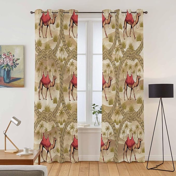 2 Panel Kitchen Cafe Curtains, Desert Camels Sunlight Filtering Nature Air Through, Home Decor Window Covering Tier Curtains for Living Room 104W x 90L inch Tropical Palm Trees Sand Cords Brown