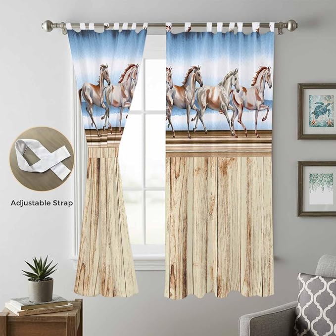 Western Horse Living Room Curtains 84 Inch Length, Window Curtains Tab Top, Farmhouse Wooden Grain Vintage Cowboy Barn Door Light Filtering Window Treatments Drapes 52"x84" 2 Panel