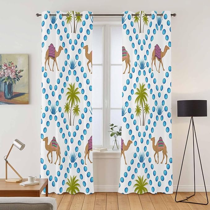 2 Panel Kitchen Cafe Curtains, Camels Palm Trees Sunlight Filtering Nature Air Through, Home Decor Window Covering Tier Curtains for Living Room 104W x 96L inch Tropical Desert Animal Plants Polka Dot
