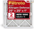 Filtrete 25x25x1 AC Furnace Air Filter, MERV 11, MPR 1000, Micro Allergen Defense, 3-Month Pleated 1-Inch Electrostatic Air Cleaning Filter, 2 Pack (Actual Size 24.688 x 24.688 x 0.813 in)