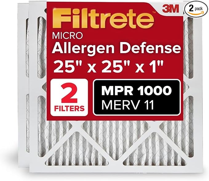 Filtrete 25x25x1 AC Furnace Air Filter, MERV 11, MPR 1000, Micro Allergen Defense, 3-Month Pleated 1-Inch Electrostatic Air Cleaning Filter, 2 Pack (Actual Size 24.688 x 24.688 x 0.813 in)