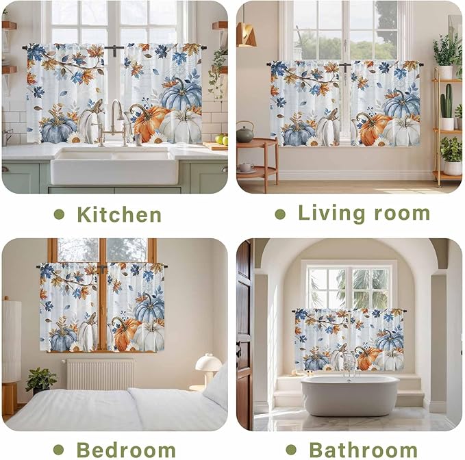 Fall Blue Maple Kitchen Curtains 45 Inch Long 2 Panel Set,Rod Pocket Window Treatment,Thanksgiving Pumpkins Daisy Country Leaves Short Curtains & Drapes for Bathroom Laundry 52"W x 45"L