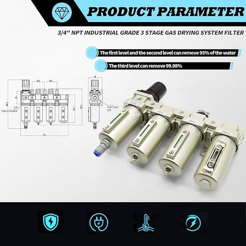 3/4" NPT Industrial Grade 4 Stage Gas Drying System, Coalescing Filter, Desiccant Dryer, Auto Drain, Compatible with Paint Spray, Plasma Cutter (Auto Version)