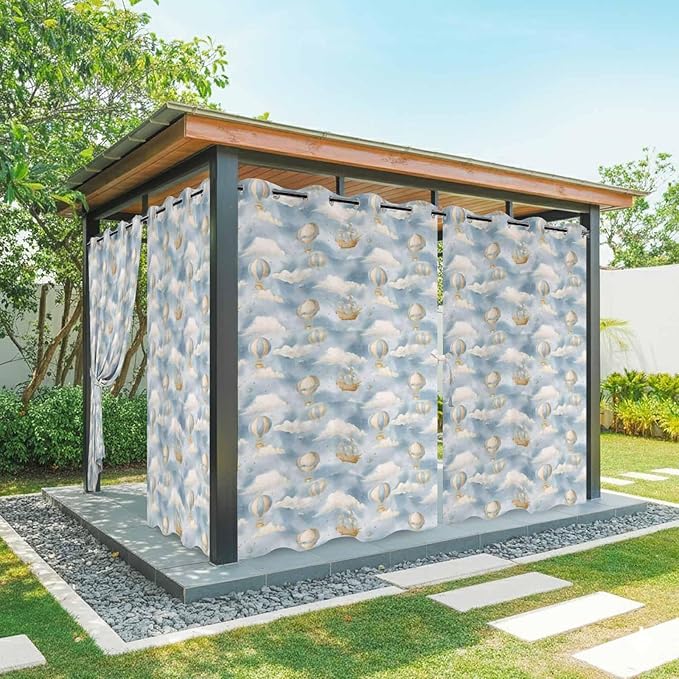 Hot Air Balloons Outdoor Curtains for Patio Fantasy Spaceship Cartoon Vintage Waterproof Outside Curtains with Grommet Top Weatherproof Curtain for Cabana Pergola Gazebo, 2 Pack, 54" W x 108" L