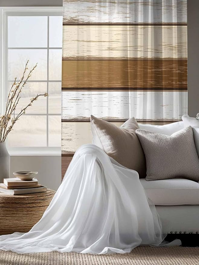 Sheer Curtains 72 Inches Long, Vintage Geometric Brown Semi Sheer Curtains Light Filtering Window Treatment, Farmhouse Country Chic Wood Grain Privacy Voile Drapes for Living Room Bedroom 52x72 Inch