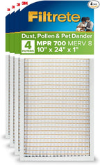 Filtrete 10x24x1 AC Furnace Air Filter, MPR 700, MERV 8, Tough on Pollen, Easy on Airflow, 3-Month Pleated 1-Inch Electrostatic Air Cleaning Filter, 4-Pack (Actual Size 9.81 x 23.69 x 0.81 in)