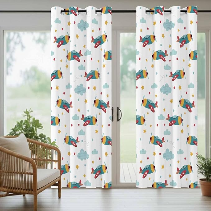 Turquoise Airplane Waterproof Outdoor Curtains for Patio,Windproof Weatherproof Curtains with Weighted Hem,Modern Art Cartoon Aircraft Clouds Light Filtering Privacy Drapes for Porch 54"x 95" 2 Panels
