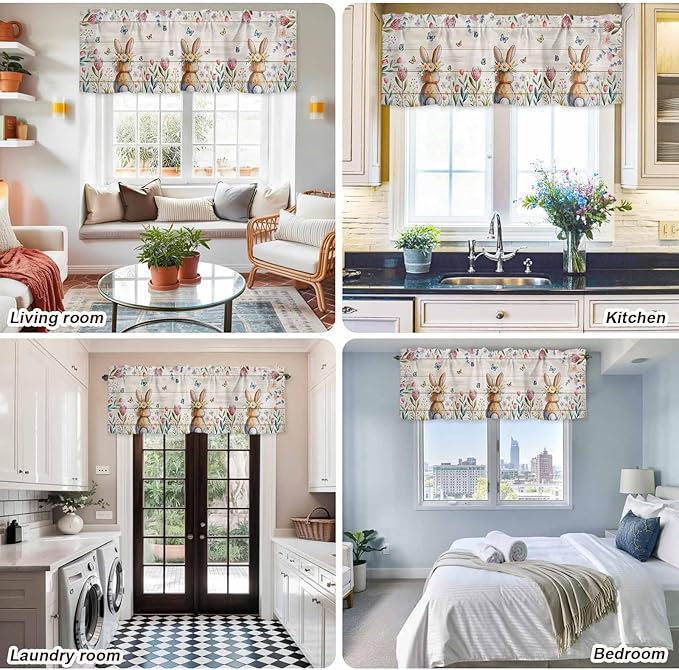 Easter Curtain Valances for Windows, Kitchen Valance Window Treatment, Spring Bunny Butterfly Botanical Wooden Grain Light Filtering Block Curtains for Bathroom/Bedroom/Living Room 42'' x 18''