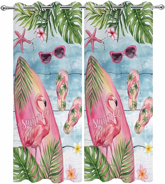 Summer Flamingbirds Outdoor Curtains for Patio Palm Leaves Plumeria Wood Waterproof Outside Curtains with Grommet Top Weatherproof Curtain for Cabana Pergola Gazebo, 2 Pack, 54" W x 95" L