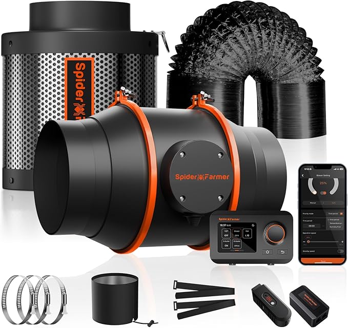Spider Farmer Smart Air Filtration Kit 6", Inline Duct Fan, GGS Temperature Humidity Controller with App Control, Carbon Filter Combo, 13Ft Ducting, Ventilation System for Grow Tent, Hydroponics