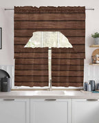 Brown Wooden Board Swag Kitchen Curtains Valance and Tier Set, Vintage Wood Grain Farmhouse Barn Themes Light-Filtering Swag Valance 24 Inch Length, Rod Pocket Short Curtain for Bedroom Cafe