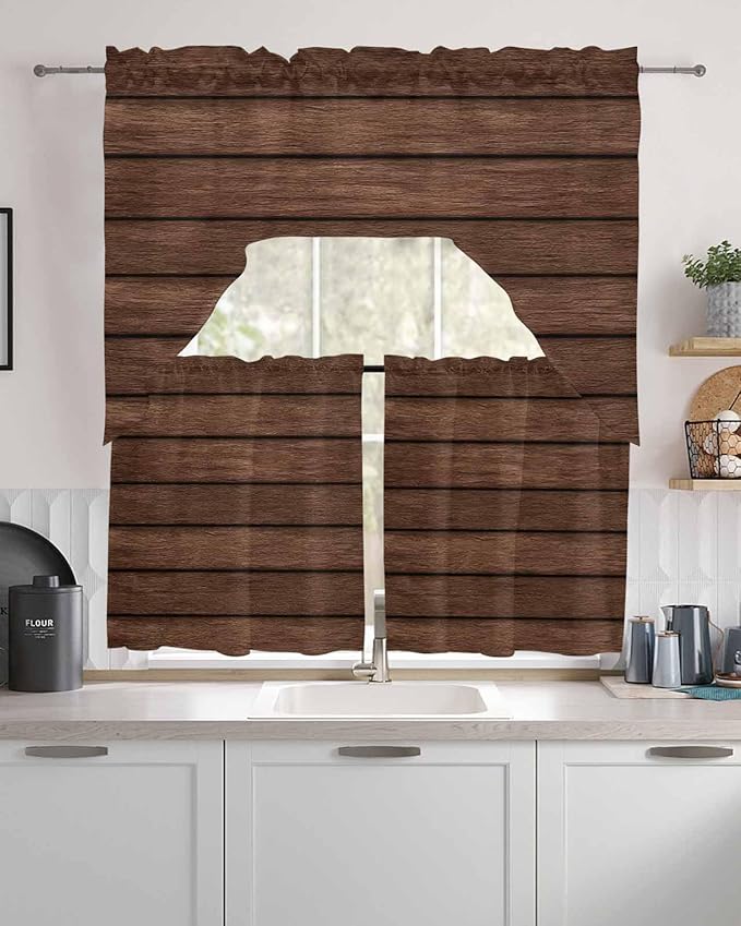 Brown Wooden Board Swag Kitchen Curtains Valance and Tier Set, Vintage Wood Grain Farmhouse Barn Themes Light-Filtering Swag Valance 36 Inch Length, Rod Pocket Short Curtain for Bedroom Cafe
