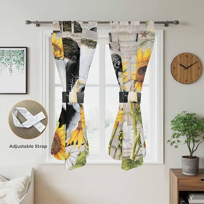 Yellow Sunflowers Bathroom Curtains 63 Inch Length, Window Curtains Tab Top, Farmhouse Cow Barn Doors Floral Butterfly Light Filtering Window Treatments Drapes 52"x63" 2 Panel