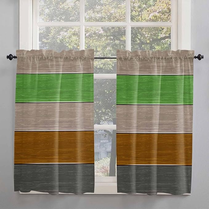 Farm Gray Green Brown Wood Grain Window Valance Curtains, Rustic Wooden Plank Light Filtering Kitchen Valance with 3-inch Rod Pocket for Living Room Bathroom Bedroom,2 Panel,52x45In