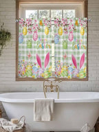Happy Easter Kitchen Curtains 54 Inches Length, Spring Bunny Eggs Flower Sage Green Plaid Window Treatment Curtain Drapes, Thermal Insulated Drapes for Basement Hotel RV, 42"x54", 2 Panels